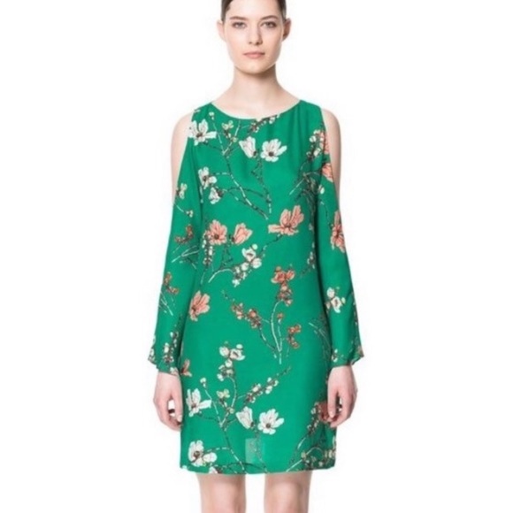 Zara Woman | green peach floral | open shoulder | M | long sleeve | mini | dress - Picture 1 of 12